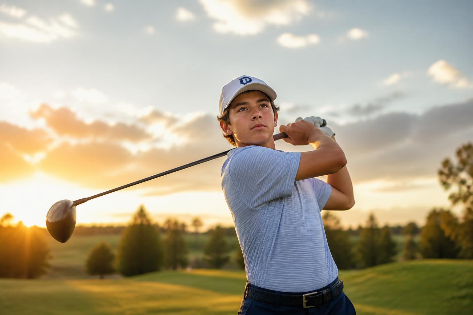 Young tournament golfer finishing a competitive swing